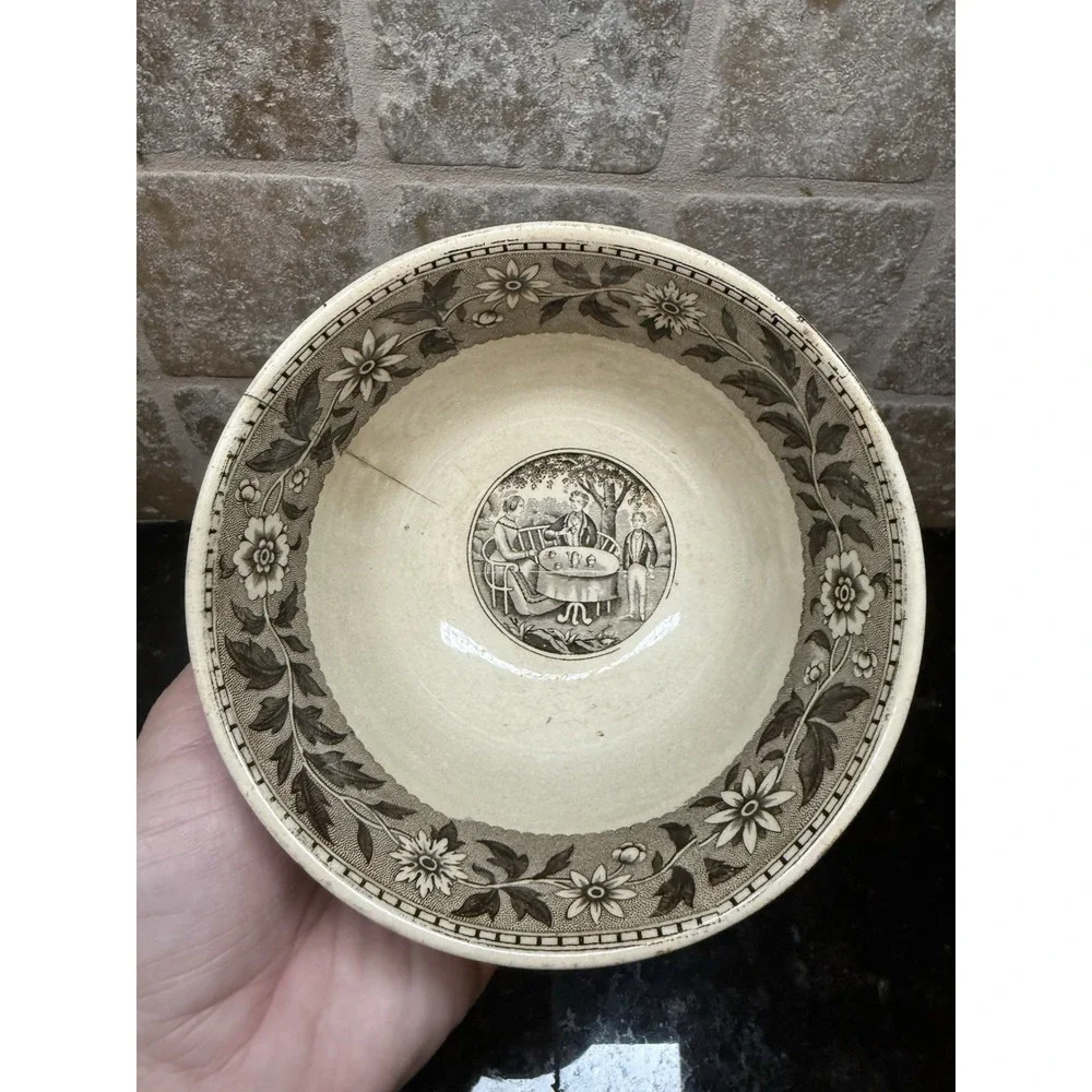 1860's Antique Villeroy & Boch Brown White Transfer Ware Slop Basin Bowl 2 Piece